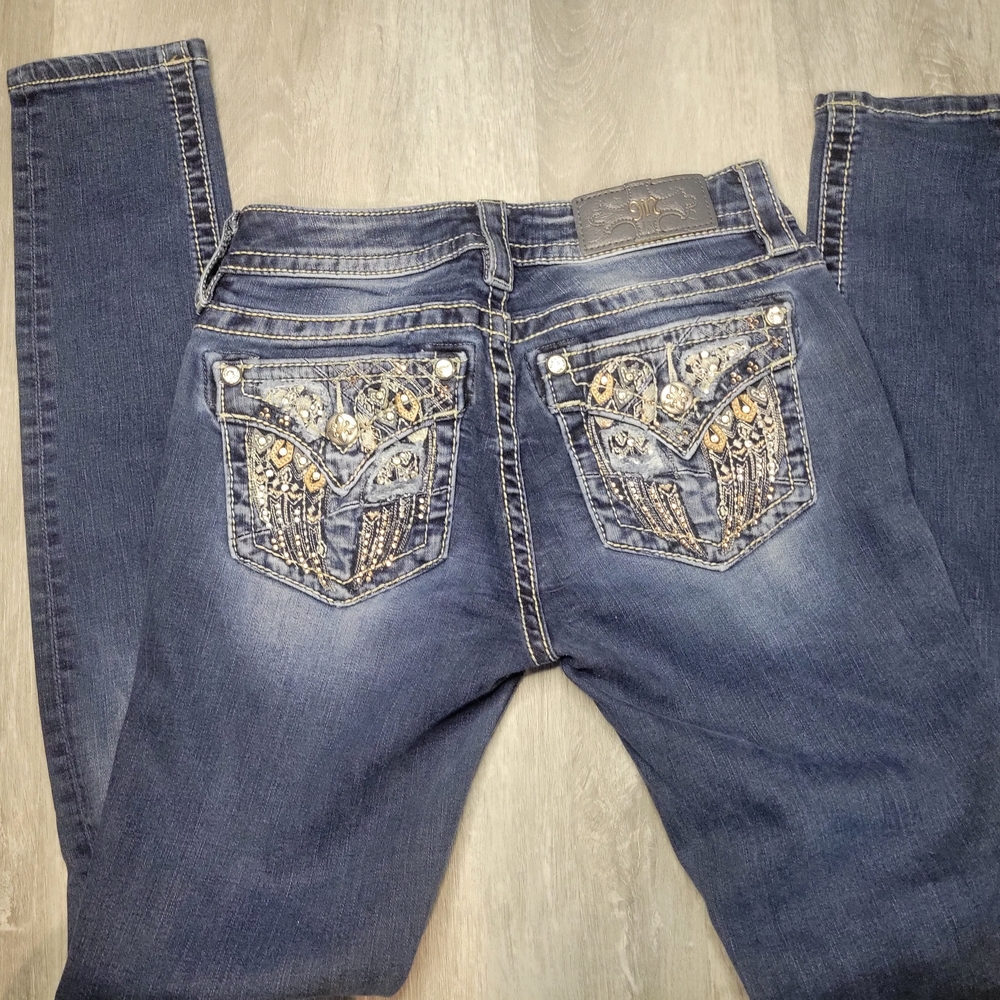 Miss Me Dark Blue Skinny Jeans with Embellished Pockets